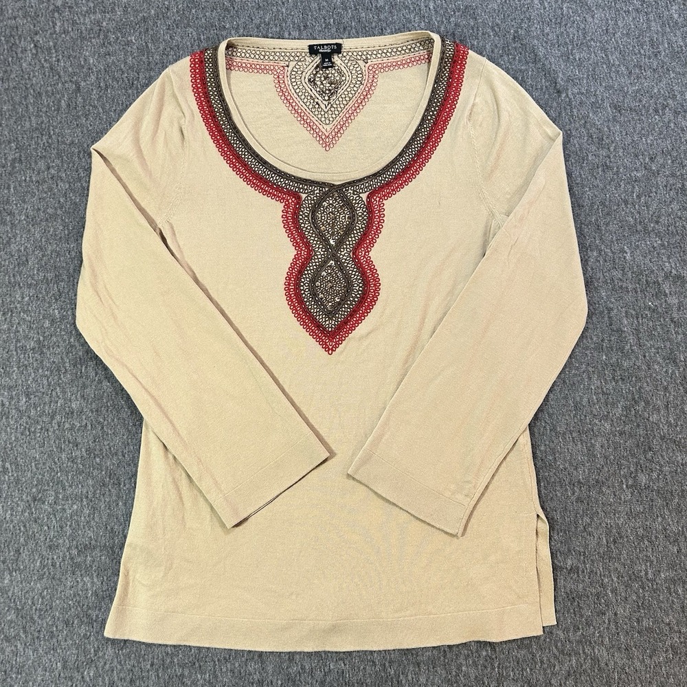 Talbots Top Women's Medium Tan Boho Embroidered Beaded Embellished Vintage
